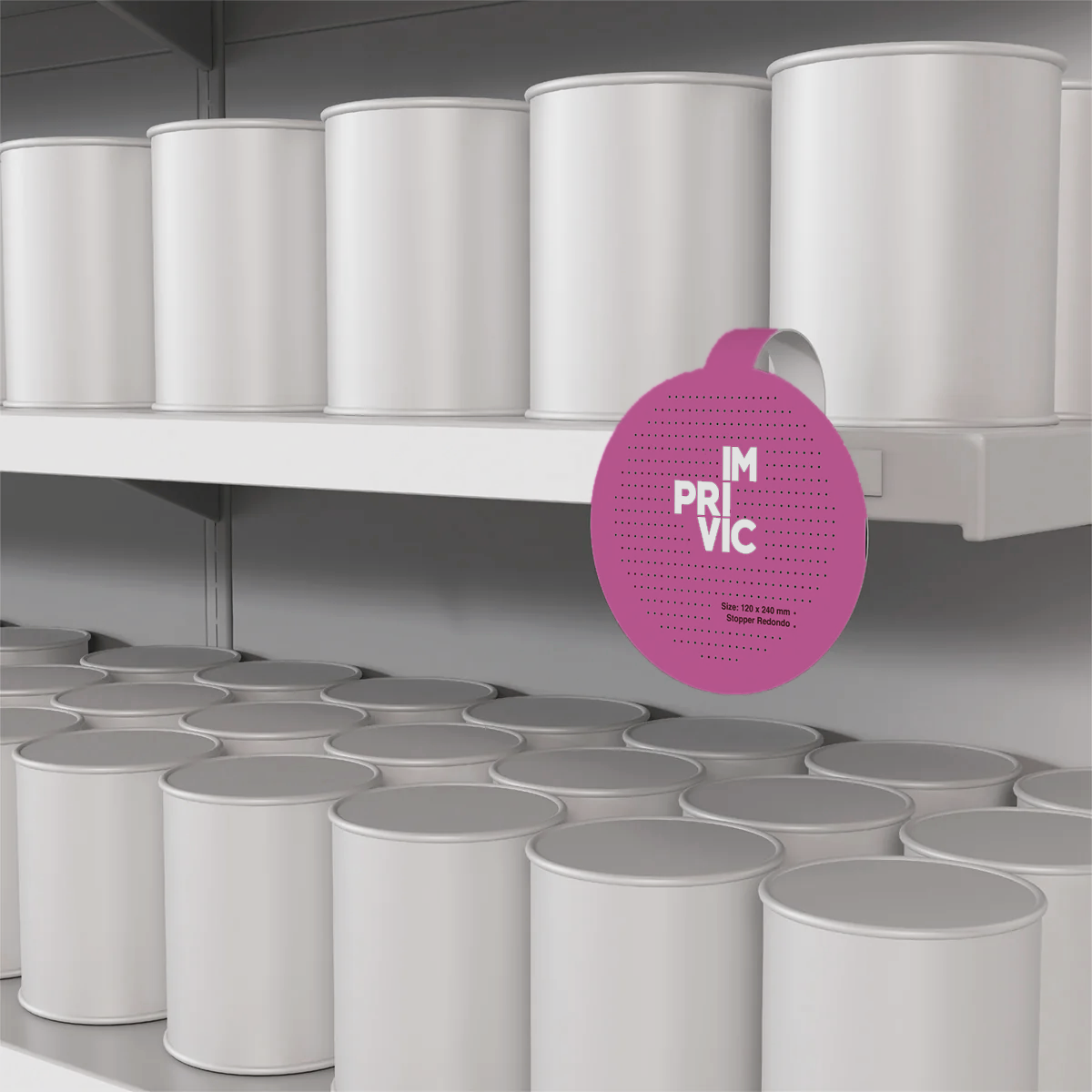 Stopper publicitario con diseño circular, perfecto para destacar productos y ofertas en PLV.